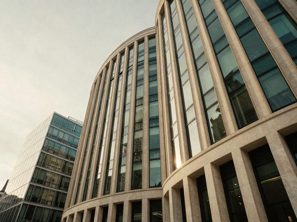 Upward perspective of a modern green-glass corporate headquarters, reflecting a clear sky
