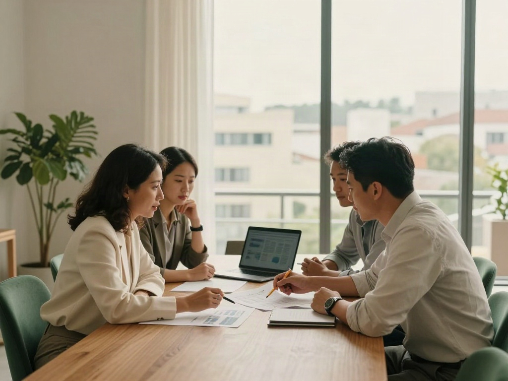 Consultants discussing business performance and strategy around a sunlit meeting table